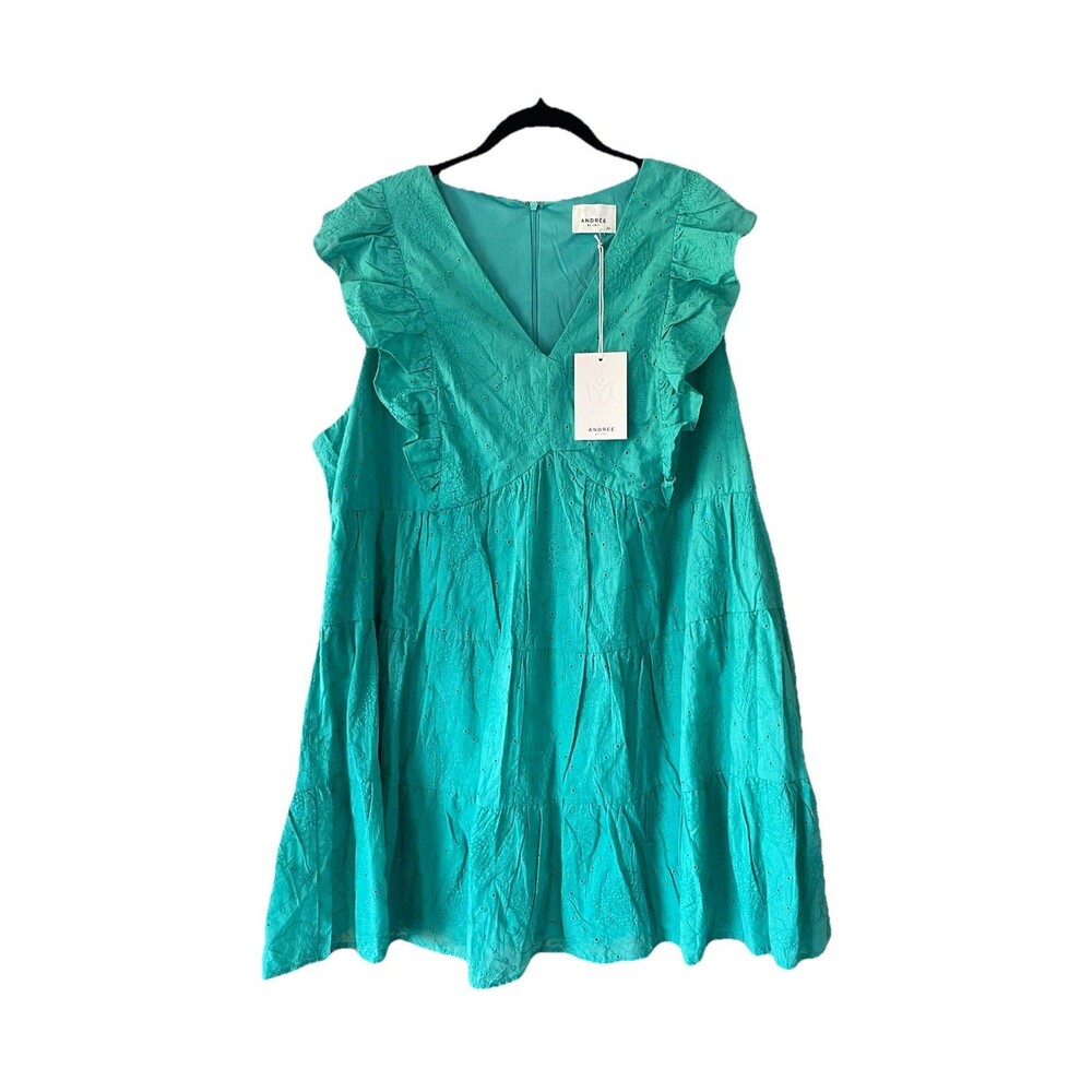 Andrée by Unit Emerald Dress 2X Teal Eyelet Tiered Babydoll Mini Dress NWT